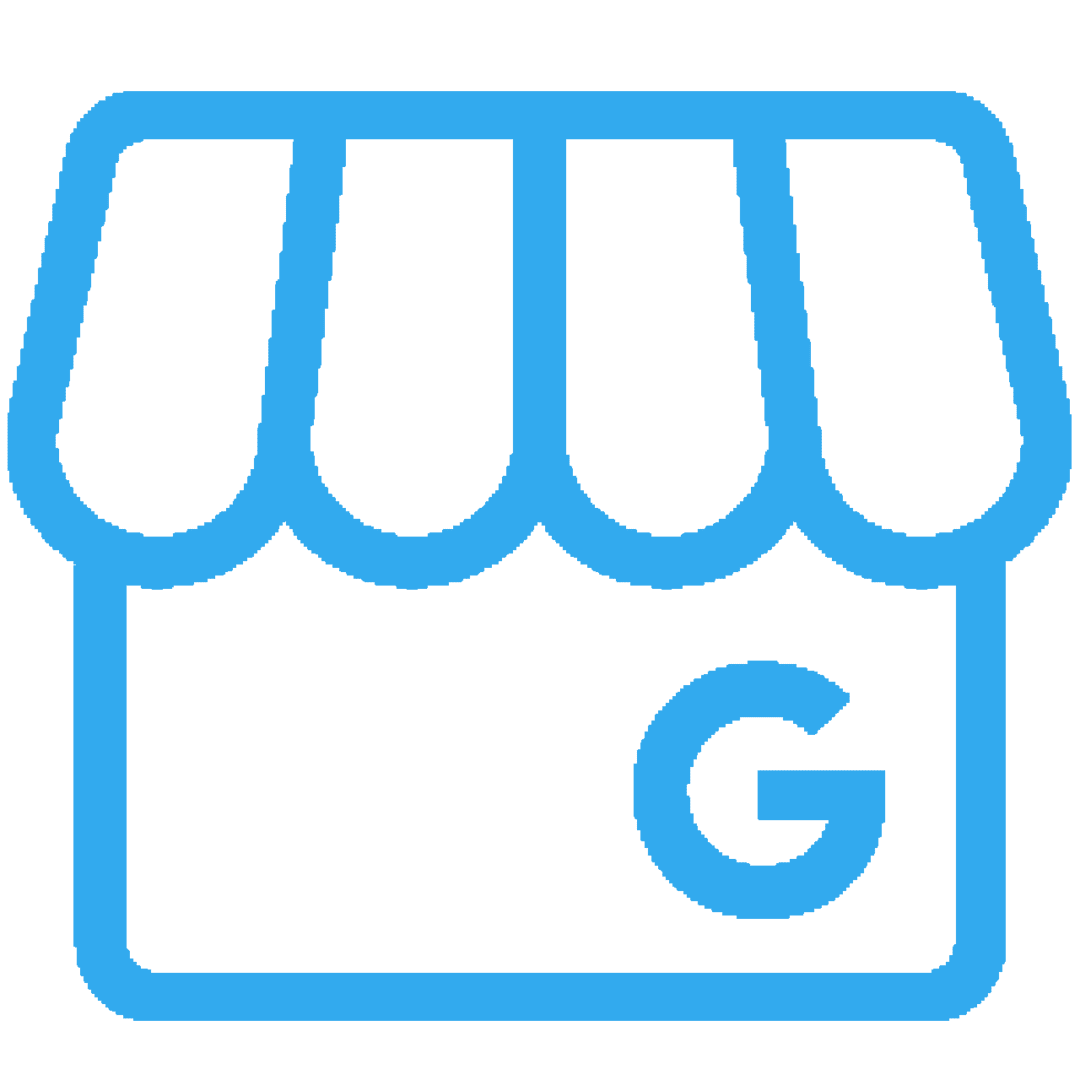 A blue icon of a store with the letter g on it.
